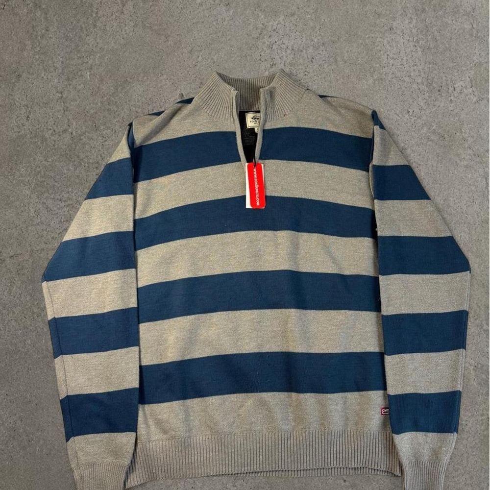 Ecko Unltd Mens XXL Striped Quarter Zip Fleece Pullover Blue Grey Y2K NWT
